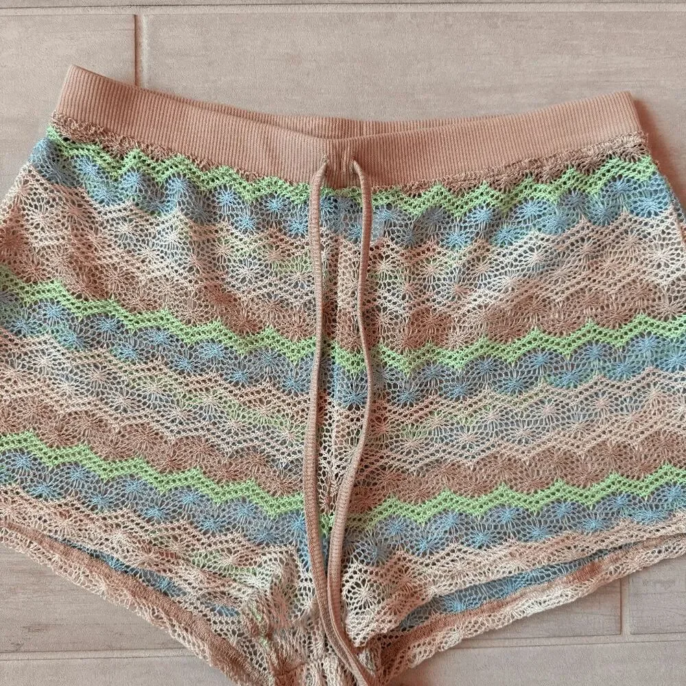 Wild Fable Crochet Cover Up Shorts Multi Striped Pastel Pull On Drawstring Small